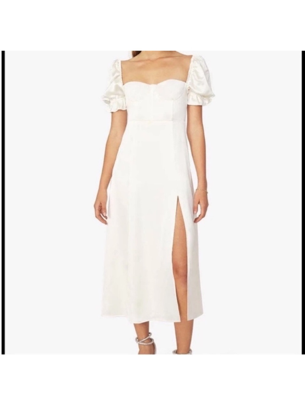 Weworewhat puff sleeve square neck slit midi satin dress ivory classic chic